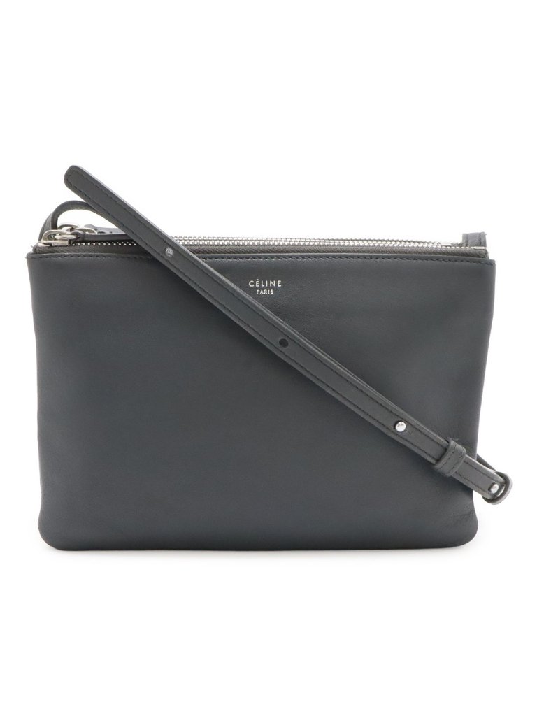 Celine Trio Small Shoulder Bag Pochette Pouch Leather Charcoal Gray Silver
